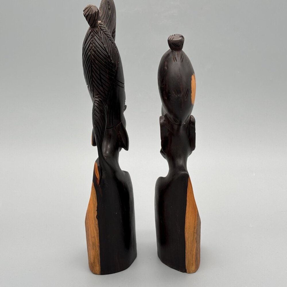 Vintage Hand Carved African Wooden Figurines Pair Tribal Bust Sculptures Wood - Picture 5 of 8